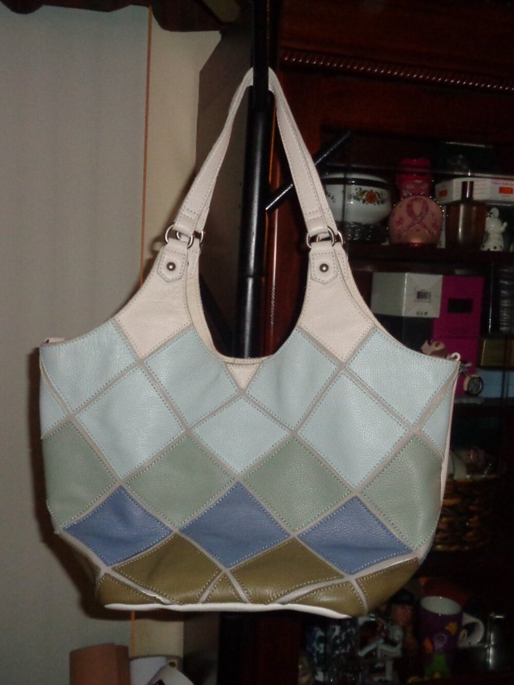 The Sak Blue Gray Tones Patchwork Hobo Boho Leather Shoulder Bag Handbag Purse
